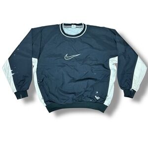 VTG 90's Nike Windbreaker  Pullover Center Swoosh Sz L Black‎ Fleece Lined PAINT